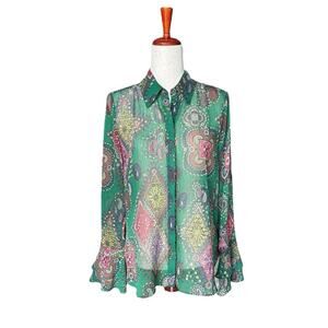 Elie Tahari Sheer Blouse Button Front Bohemian Paisley Print Top Ruffle Cuff L